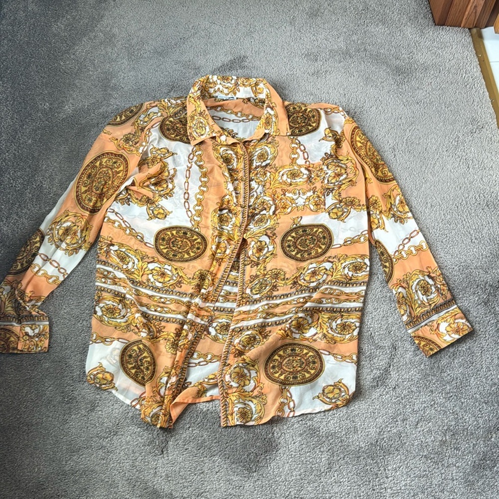 Fashion Nova Peach Gold Chain Print Blouse Button Front Long Sleeve SIZE 3X